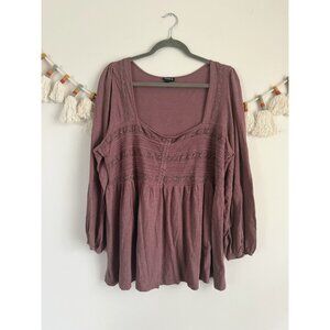 Torrid Cotton Blend Square Neck Pintuck Lace Babydoll Top Rose Taupe Feminine 3x